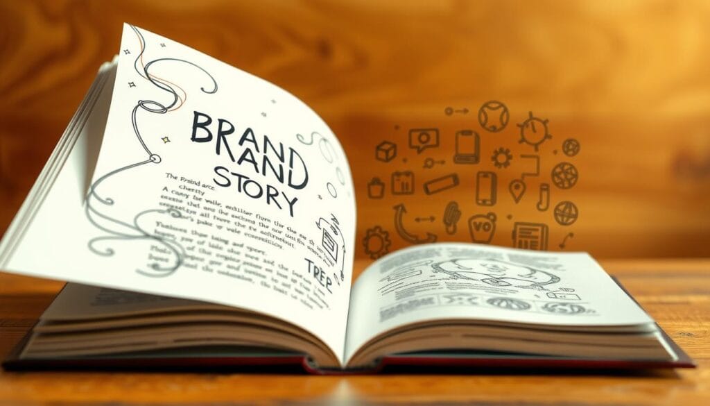 A vibrant, hand-drawn illustration depicting the key elements of a compelling brand story. In the foreground, an open book with swirling lines and shapes representing the narrative arc, character development, and emotional connection. In the middle ground, a collection of icons and symbols evoking the brand's unique identity, values, and visual style. In the background, a warm, textured backdrop suggesting the broader context and thematic inspiration for the brand's story. Soft, natural lighting casts a contemplative mood, inviting the viewer to immerse themselves in the creative process of crafting a memorable brand narrative. A vibrant, hand-drawn illustration depicting the key elements of a compelling brand story. In the foreground, an open book with swirling lines and shapes representing the narrative arc, character development, and emotional connection. In the middle ground, a collection of icons and symbols evoking the brand's unique identity, values, and visual style. In the background, a warm, textured backdrop suggesting the broader context and thematic inspiration for the brand's story. Soft, natural lighting casts a contemplative mood, inviting the viewer to immerse themselves in the creative process of crafting a memorable brand narrative.