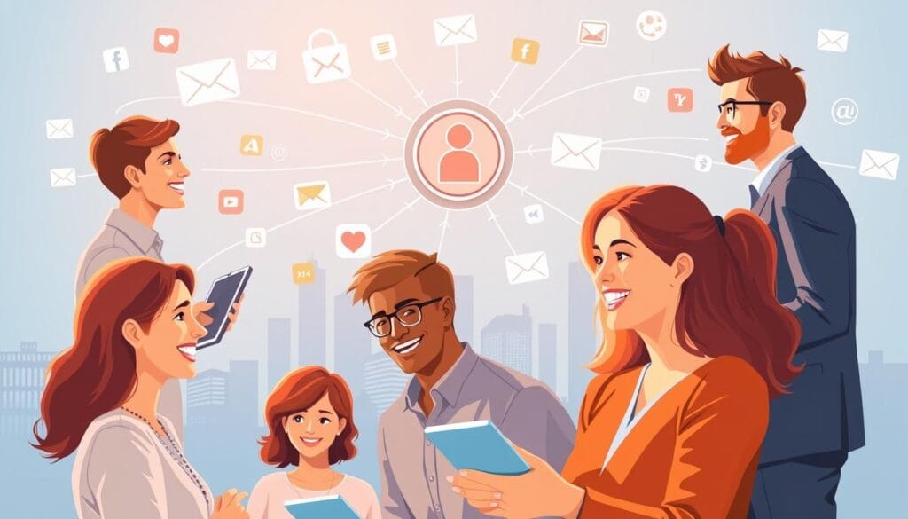 A vibrant illustration of referral marketing tactics, featuring a dynamic network of interconnected people, devices, and data flows. In the foreground, a group of smiling individuals engage in active referrals, with arrows and lines connecting them to a central hub. The middle ground showcases various digital platforms and channels, from social media to email, all facilitating the smooth exchange of referrals. In the background, a subtle cityscape sets the scene, symbolizing the broader business landscape. Soft, warm lighting emphasizes the collaborative and energetic nature of this referral ecosystem. The composition is balanced, with a sense of depth and movement, capturing the essence of "Selecting Your Target Audience" for effective referral marketing strategies.
