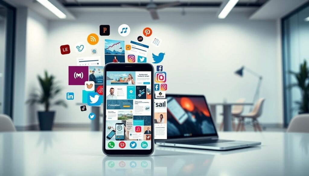 A vibrant social media display promoting a business workshop, with a sleek and modern aesthetic. In the foreground, a smartphone displays various social media icons and platforms, surrounded by a collage of engaging graphics, infographics, and visuals that capture the essence of the workshop. The middle ground features a laptop, tablet, and other digital devices, showcasing how to leverage online channels for effective promotion. The background depicts a minimalist office setting, with clean lines, neutral tones, and subtle lighting, creating a professional and inviting atmosphere. The overall composition emphasizes the power of digital marketing and the importance of a strong social media presence in driving workshop attendance and engagement.