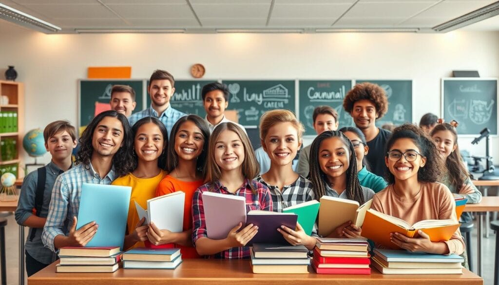 A vibrant, visually engaging educational advertisement showcasing a diverse group of students and educators against a backdrop of a modern, well-equipped classroom. The foreground features a mix of smiling faces, textbooks, and digital devices, conveying a sense of collaborative learning and intellectual stimulation. The middle ground showcases educational icons, such as globes, microscopes, and chalkboards, hinting at the breadth of subjects covered. The background depicts a sleek, minimalist design with clean lines, warm lighting, and subtle texture, creating an aspirational and professional atmosphere. The overall composition is balanced, colorful, and dynamic, reflecting the dynamism and vitality of the education industry.