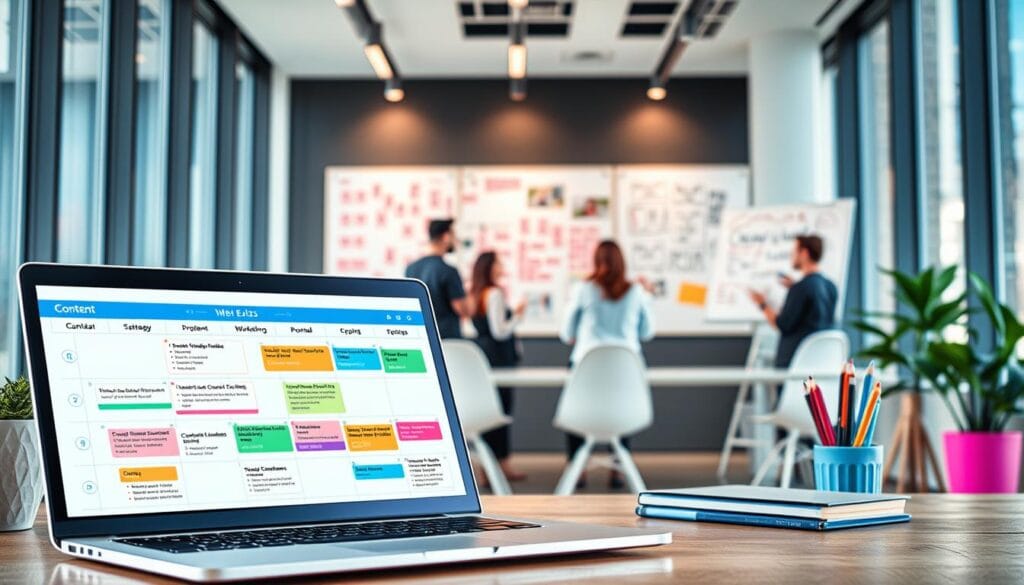 A vibrant, visually engaging image of a comprehensive content marketing strategy. In the foreground, a laptop displaying a content calendar, with icons representing various content formats like blog posts, social media updates, and video tutorials. In the middle ground, a brainstorming session with a team, surrounded by whiteboards covered in ideas, keyword clusters, and customer personas. In the background, a sleek, modern office space with large windows, allowing natural light to illuminate the scene. The overall mood is one of collaboration, creativity, and a strategic approach to content marketing, reflecting the goal of standing out in a crowded marketplace.
