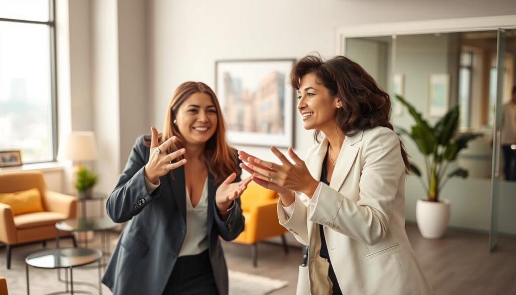 A warmly lit office setting, two business professionals engaged in a lively discussion, gesturing animatedly while maintaining eye contact. The foreground features the pair leaning forward, their body language conveying an atmosphere of openness and trust. The middle ground showcases a tastefully decorated space with modern furniture, subtle artwork, and a potted plant, creating a comfortable, professional ambiance. The background hints at an urban skyline visible through large windows, suggesting a sense of connection and opportunity. Soft, diffused lighting casts a gentle glow, accentuating the rapport-building moment between the individuals. A warmly lit office setting, two business professionals engaged in a lively discussion, gesturing animatedly while maintaining eye contact. The foreground features the pair leaning forward, their body language conveying an atmosphere of openness and trust. The middle ground showcases a tastefully decorated space with modern furniture, subtle artwork, and a potted plant, creating a comfortable, professional ambiance. The background hints at an urban skyline visible through large windows, suggesting a sense of connection and opportunity. Soft, diffused lighting casts a gentle glow, accentuating the rapport-building moment between the individuals.