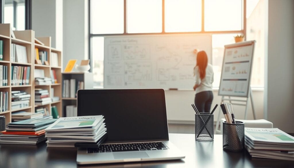 A well-lit, modern office setting showcasing various customer education resources. In the foreground, a desk with a laptop, stacks of brochures, and a pen holder. Behind it, a bookshelf filled with educational materials and training manuals. The middle ground features a whiteboard with handwritten notes and diagrams, indicating an interactive learning environment. In the background, large windows allow natural light to flood the space, creating a warm, inviting atmosphere. The overall scene conveys a professional, yet approachable setting dedicated to enhancing customer knowledge and skills. A well-lit, modern office setting showcasing various customer education resources. In the foreground, a desk with a laptop, stacks of brochures, and a pen holder. Behind it, a bookshelf filled with educational materials and training manuals. The middle ground features a whiteboard with handwritten notes and diagrams, indicating an interactive learning environment. In the background, large windows allow natural light to flood the space, creating a warm, inviting atmosphere. The overall scene conveys a professional, yet approachable setting dedicated to enhancing customer knowledge and skills.
