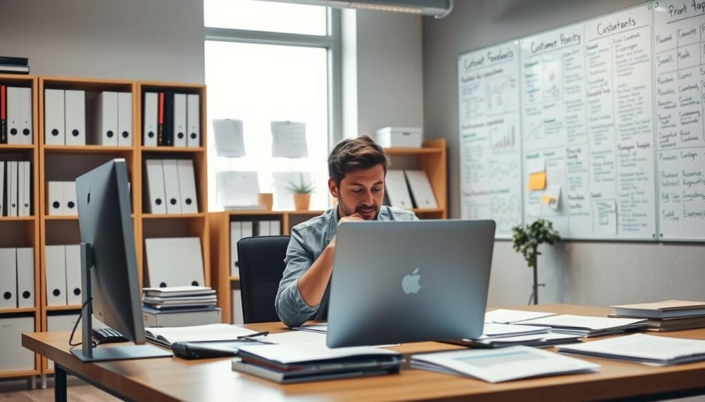 A well-lit, professional office interior with a large desk, a computer, and various documents and reports spread out. In the foreground, a person is carefully reviewing customer feedback data on the computer screen, a thoughtful expression on their face. The middle ground features a bookshelf filled with analytical reports and market research materials. The background showcases a wall of whiteboards covered in customer personas, pain points, and insights. The lighting is soft and warm, creating a focused, analytical atmosphere conducive to in-depth customer research and analysis.