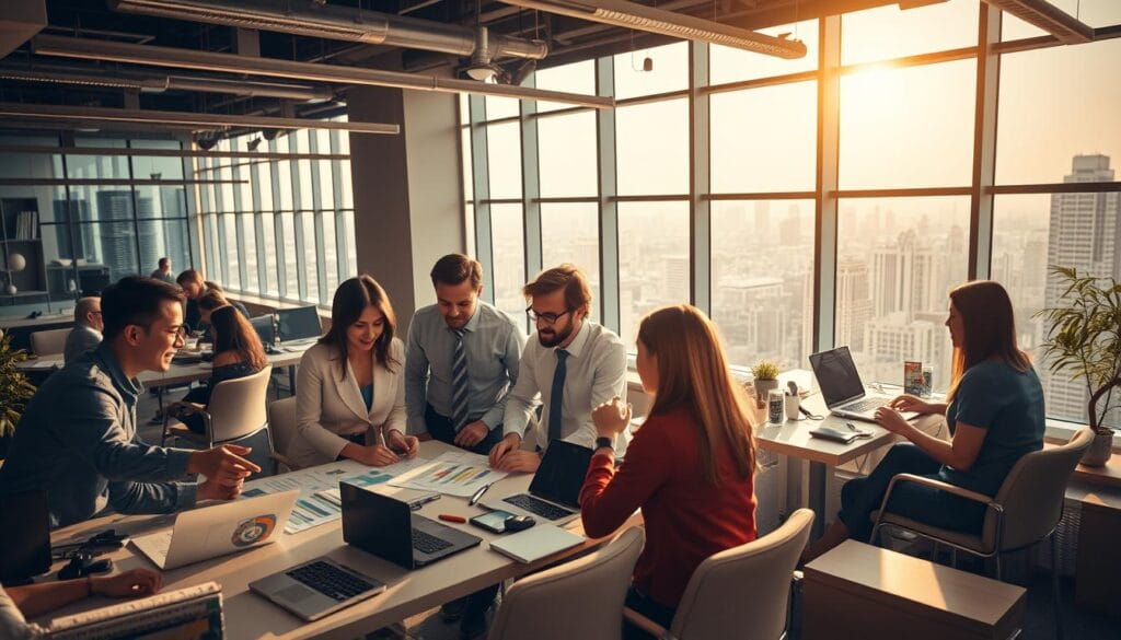 An expansive, well-lit office space with a team of professionals engaged in a lively discussion, strategizing the growth of a successful sales network. In the foreground, a group gathers around a conference table, pouring over charts and graphs, gesticulating animatedly. The middle ground features a mix of individual workstations where team members collaborate on laptops, making calls, and exchanging ideas. The background showcases a panoramic city skyline visible through large windows, conveying a sense of possibility and expansion. Warm, directional lighting illuminates the scene, casting a professional, focused atmosphere. A blend of contemporary furniture, technological accessories, and dynamic body language creates an inviting, productive environment conducive to building a thriving sales operation.