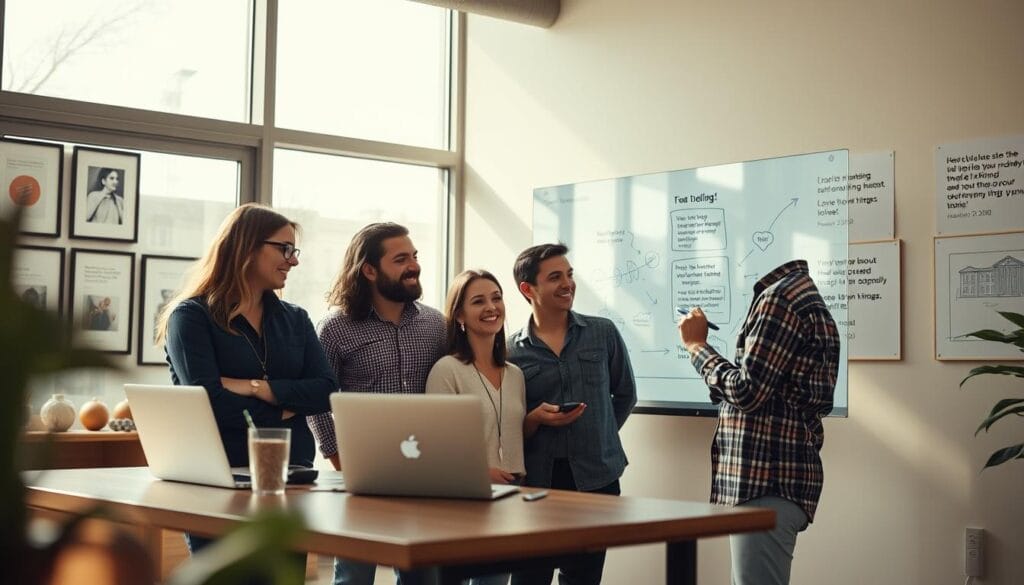 Authentic digital marketing: a mid-shot of a modern office, with a team of creatives collaborating on a laptop and sketching ideas on a digital whiteboard. Soft, natural lighting filters through large windows, creating a warm, inviting atmosphere. In the background, the office walls display framed customer testimonials and brand mission statements, conveying a sense of transparency and trust. The team's expressions reflect a genuine passion for their work, as they brainstorm strategies to connect with their audience in an honest, impactful way. Cinematic camera angle, shallow depth of field. Authentic digital marketing: a mid-shot of a modern office, with a team of creatives collaborating on a laptop and sketching ideas on a digital whiteboard. Soft, natural lighting filters through large windows, creating a warm, inviting atmosphere. In the background, the office walls display framed customer testimonials and brand mission statements, conveying a sense of transparency and trust. The team's expressions reflect a genuine passion for their work, as they brainstorm strategies to connect with their audience in an honest, impactful way. Cinematic camera angle, shallow depth of field.