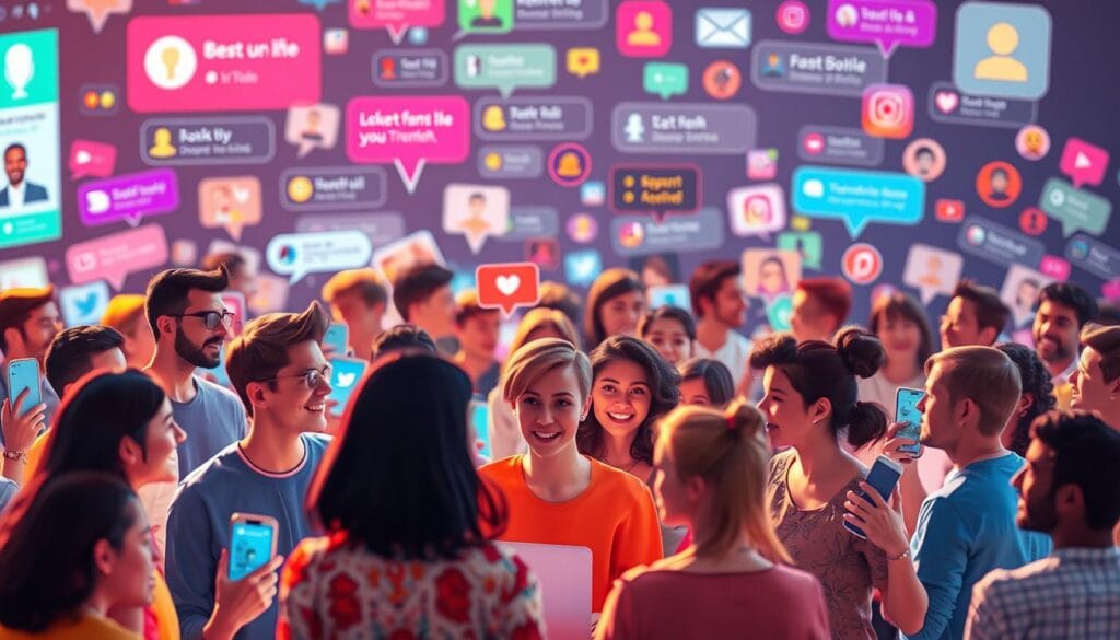 a highly engaging community of social media users, interacting and connecting through vibrant digital channels, showcasing a diverse range of perspectives and shared interests. the foreground depicts a lively group conversation, with avatars exchanging messages, emojis, and reactions against a backdrop of colorful UI elements. the middle ground features trending topics, viral content, and popular hashtags, while the background provides a sense of the global reach and scale of the digital landscape. the lighting is soft and warm, with a sense of energy and positivity conveyed through the dynamic composition and expressive character designs. the overall mood is one of inclusive, collaborative community building enabled by the power of social media. a highly engaging community of social media users, interacting and connecting through vibrant digital channels, showcasing a diverse range of perspectives and shared interests. the foreground depicts a lively group conversation, with avatars exchanging messages, emojis, and reactions against a backdrop of colorful UI elements. the middle ground features trending topics, viral content, and popular hashtags, while the background provides a sense of the global reach and scale of the digital landscape. the lighting is soft and warm, with a sense of energy and positivity conveyed through the dynamic composition and expressive character designs. the overall mood is one of inclusive, collaborative community building enabled by the power of social media.